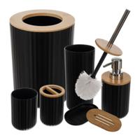 Ruhhy badkamerset - 6 delig - zwart - kunststof/RVS/bamboe - toiletset
