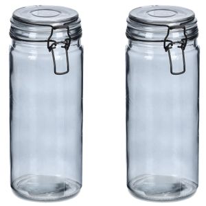 Voorraadpotten/bewaarpotten - 2x - 1L - grijs - glas - beugelsluiting - D10 x H20 cm