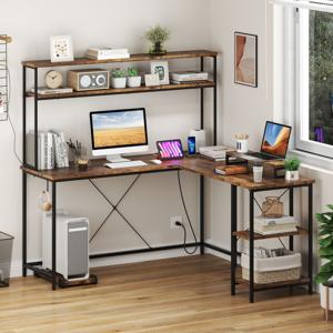 L-vormige Gaming Bureau met LED-strips & Stopcontacten Hoekbureau Computerbureau Bruin