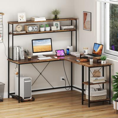 L-vormige Gaming Bureau met LED-strips & Stopcontacten Hoekbureau Computerbureau Bruin