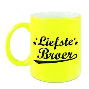 Liefste broer cadeau mok / beker neon geel met sterren 330 ml   -