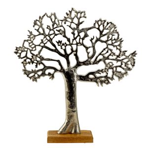 Decoratie levensboom - Tree of Life - aluminium/hout - 31 x 34 cm - zilver kleurig