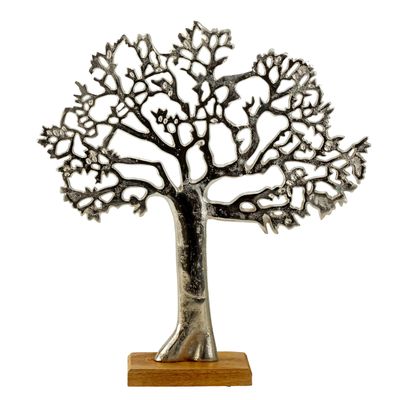 Decoratie levensboom - Tree of Life - aluminium/hout - 31 x 34 cm - zilver kleurig