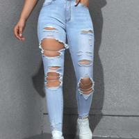 Bon&Bon Women's High Waist Skinny Jeans - Ripped Light Grey Denim Light Wash-7 / S