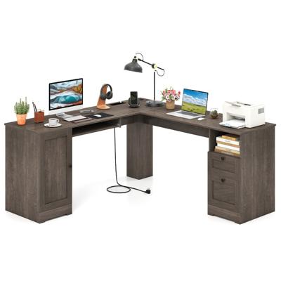 168 cm L-Vormig Computerbureau met Stopcontacten Modern Bureau met 2 Opbergladen Kast Verstelbare Plank en Toetsenbordlade