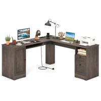 168 cm L-Vormig Computerbureau met Stopcontacten Modern Bureau met 2 Opbergladen Kast Verstelbare Plank en Toetsenbordlade