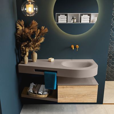 MONDIAZ RIVA 120cm badmeubel onderkast / planchet kleur Washed_Oak met 1 lade. Wastafel DULCET rechts 0 kraangaten kleur Smoke.