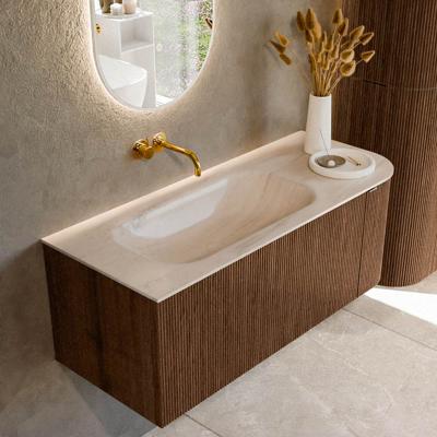 Badmeubel Mondiaz Kurve-Dlux | 115 cm | Meubelkleur Walnut | Wastafelkleur Meli | Solid surface | Wasbak linker zijde spoelbak | Zonder kraangat(en)