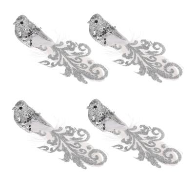 Kerstboomversiering Vogels - 4x stuks - 15 cm - Zilveren glitter - op clip