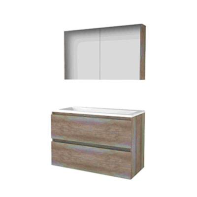 Basic-Line Comfort 46 Badkamermeubelset - 100 x 46 cm - Greeploos - 2 Lades - Acryl Wastafel - 2 Kraangaten - Spiegelkast - Scotch Oak