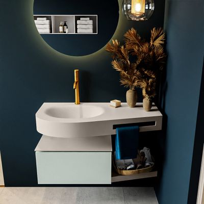 MONDIAZ RIVA 100cm badmeubel onderkast / planchet kleur Greey met 1 lade. Wastafel DULCET links 1 kraangat kleur Linen.