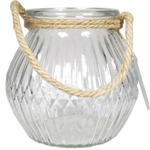 Glazen ronde windlicht Crystal 2,5 liter met touw hengsel/handvat 16 x 14,5 cm   -