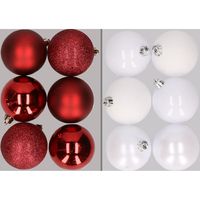12x stuks kunststof kerstballen mix van donkerrood en wit 8 cm   -