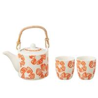 J-Line theepot Bloemen - keramiek - oranje - doos van 3 stuks