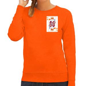 Bellatio Decorations Koningsdag sweater voor dames - kaarten koning - oranje - feestkleding 2XL  -