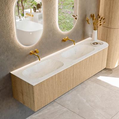 Mondiaz KURVE-DLUX 175 cm Onderkast Greeploos 2 Lades Met Deuren Oak, Wastafel Solid Surface Links Opalo 0 Kraangaten Zonder Spiegel (KRVSTS175R2L1D0KD-Oak/Opa)