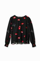 Zwierige blouse met monden - BLACK - L - thumbnail