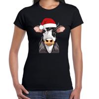 Kerst T-shirt voor dames - koe met kerstmuts - zwart - Kerstfeest Kerst T-shirt voor dames - koe met kerstmuts - zwart - Kerstfeest