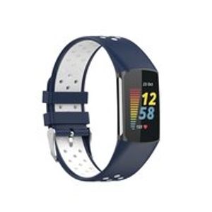 FitBit Charge 5 & 6 Sportbandje met gesp - Donkerblauw / wit - Tweekleurig - Maat: L