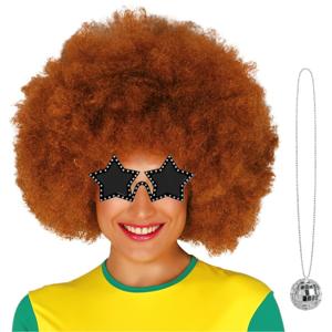 Carnaval verkleedset afropruik bruin/bril/ketting - heren/dames - Seventies/disco danser