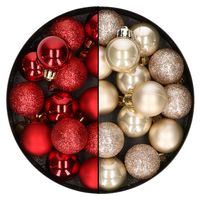 28x stuks kleine kunststof kerstballen rood en champagne 3 cm - thumbnail