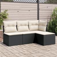 4-delige Loungeset met kussens poly rattan zwart