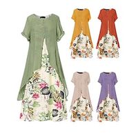 dames plus size curve casual jurk shift jurk bloemen midi-jurk korte mouw ruches nep tweedelig ronde hals mode dagelijks geel roze lente zomer l xl xxl 3xl 4xl Lightinthebox - thumbnail