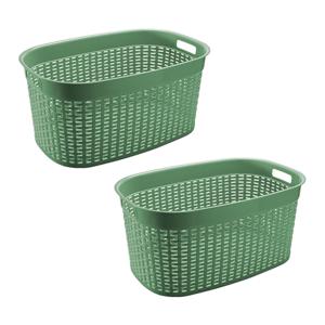 Rotan line wasmand - 2x - groen - inhoud 44 liter - kunststof - 58 x 39 x 27 cm - met handvatten