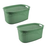 Rotan line wasmand - 2x - groen - inhoud 44 liter - kunststof - 58 x 39 x 27 cm - met handvatten