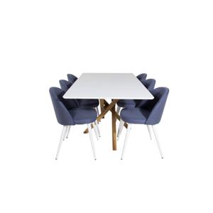 Piazza180x90WHNA eethoek eetkamertafel wit en 6 Velvet eetkamerstal blauw.