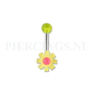 Navelpiercing acryl bloem geel met roze