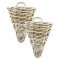 Wandhanger mand - 2x - bruin - 35 x 30 x 42 cm - rotan - gevlochten - voor bloemen/planten