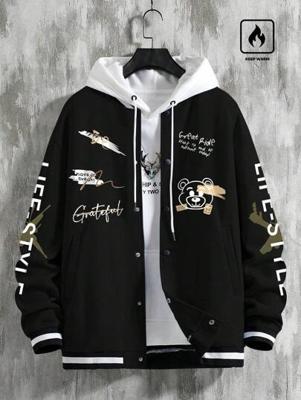 Bon&Bon Men's Navy Blue Colorblock Letter Graphic Bomber Jacket Black / L