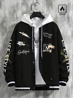 Bon&Bon Men's Navy Blue Colorblock Letter Graphic Bomber Jacket Black / L