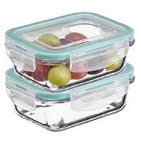 5Five Vershoudbakje met deksel - 2x - glas - luchtdicht - met clips - 14 x 10 x 5 cm - 330 ml