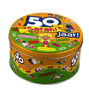 Sarah 50 jaar snoeptrommel/koektrommel - 50e verjaardag - cadeau / versiering