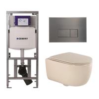 QeramiQ Dely Swirl Toiletset - 36.3x51.7cm - Geberit UP320 Burda inbouwreservoir - slim zitting - gunmetal bedieningsplaat - rechthoekige knoppen - beige 0701131/SW706199/SW1000770/SW1026259