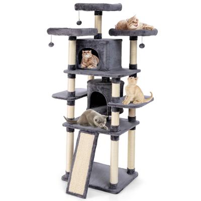Krabpaal Kattenboom met Krabpalen en Plank/3 Pluche Zitstokken 2 Volledig Gevoerde Zitplaatsen en 3 Bungelende Ballen