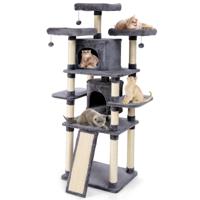 Krabpaal Kattenboom met Krabpalen en Plank/3 Pluche Zitstokken 2 Volledig Gevoerde Zitplaatsen en 3 Bungelende Ballen