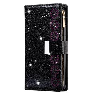 Samsung Galaxy A35 hoesje - Bookcase - Koord - Pasjeshouder - Portemonnee - Glitter - Bloemenpatroon - Kunstleer - Zwart