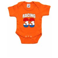 Oranje baby romper racing 33 met race auto coureur supporter / race supporter voor babys - thumbnail