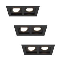 Set van 3 Fresno Dubbele Inbouwspot - Rechthoek - 2x GU10 - 4000K neutraal wit - 8 Watt 690 Lumen - Kantelbaar - IP20 stofdicht - Zwart