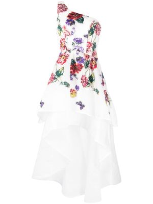 Marchesa Notte robe asymétrique à fleurs brodées - Blanc
