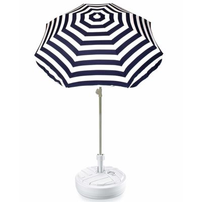 Blauw gestreepte strand/tuin basic parasol van nylon 180 cm + parasolvoet wit