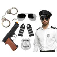 Carnaval verkleed set - politiepet zwart - handboeien/epauletten/badge/zonnebril/pistool - thumbnail