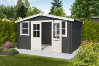 Outdoor Life Dallas Blokhut 396x312 cm 28 mm vuren Carbon Grey-Wit gecoat- Zadeldak- - Outdoor Life