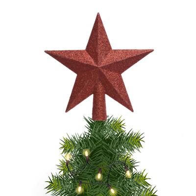 Decoris kerstboom piek - 1x - ster vorm - rood - glitter - 19 cm - kunststof - kerstpiek