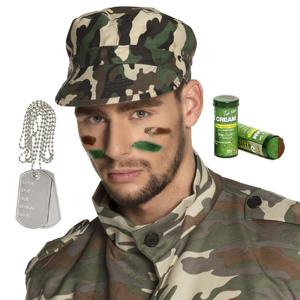 Carnaval verkleed accessoires setje heren - Soldaten pet - camou schmink stift - dogtags