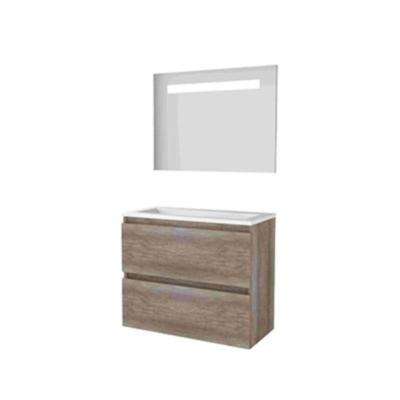 Basic-Line Economic 39 Badkamermeubelset - Ondiep - 80 x 39 cm - Greeploos - 2 Lades - Acryl Wastafel - Zonder Kraangat - Spiegel met LED Verlichting - Scotch Oak