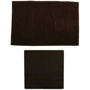 MSV Douche anti-slip mat en droogloop mat - Sevilla badkamer set - rubber/microvezel - bruin